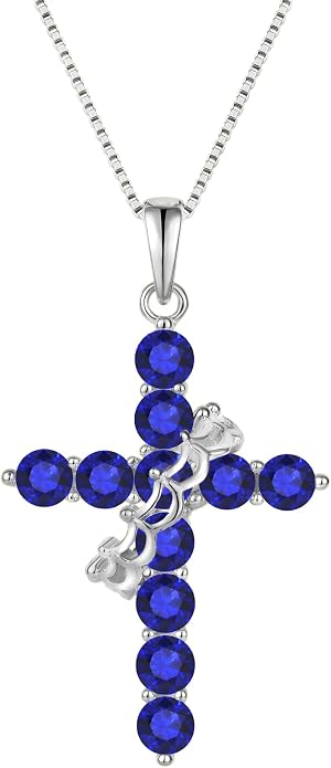 Rotated Crown Cross Necklaces for Women, 925 Sterling Silver Round Cut Zircon Neckalce Pendant With Ring Birthstones Jewelry for Her