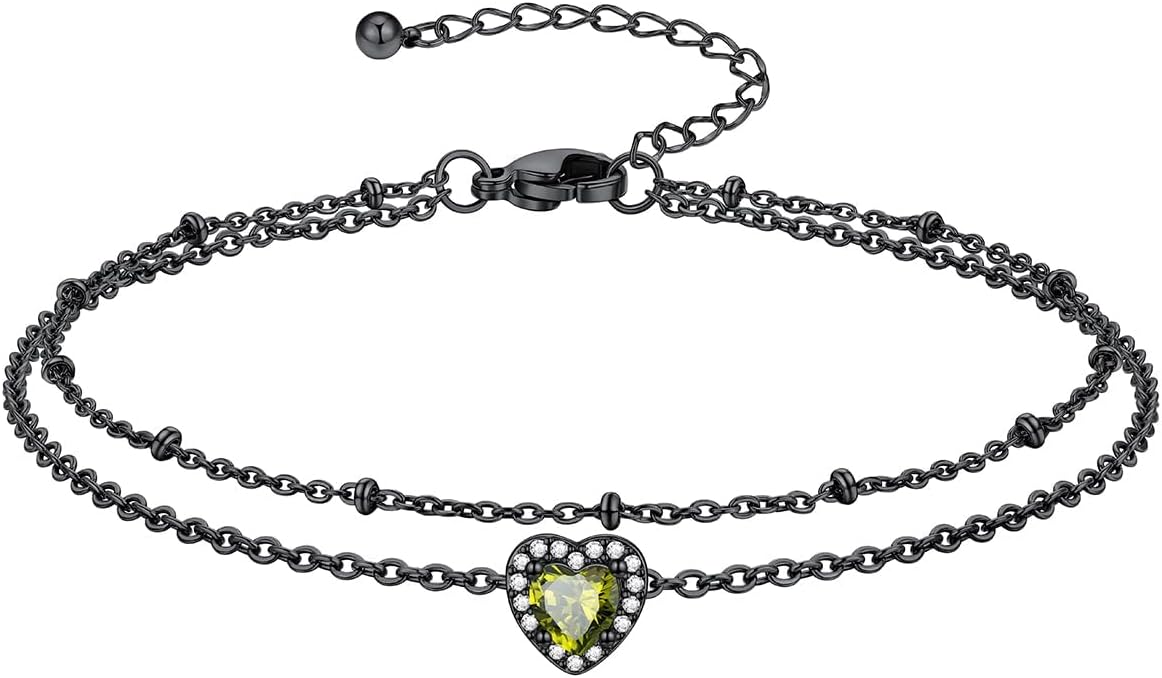 Richsteel Double Layer Heart/Butterfly Birthstone Anklet for Women Non Tarnish Waterproof, Silver/Gold/Black Stainless Steel 8.5-10.5 Inch Adjustable Chain Anklets Jewelry Gifts for Her
