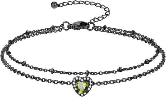 Richsteel Double Layer Heart/Butterfly Birthstone Anklet for Women Non Tarnish Waterproof, Silver/Gold/Black Stainless Steel 8.5-10.5 Inch Adjustable Chain Anklets Jewelry Gifts for Her