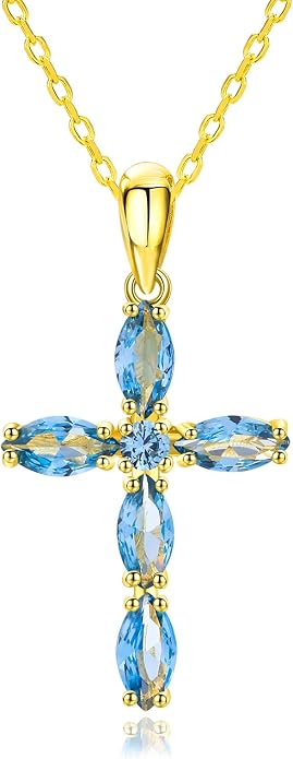 14K Gold Plated 925 Sterling Silver Birthstone Cross Necklace for Women Men