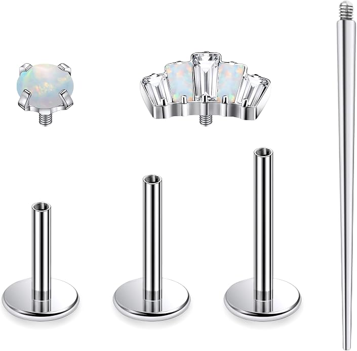 Ruifan Titanium Flat Back Lip Rings Internally Threaded Earrings Studs Nose Rings 16G Opal CZ Tragus Cartilage Lobe Rook Helix Conch Labret Medusa Piercing Jewelry for Women Men W Piercing Taper Set