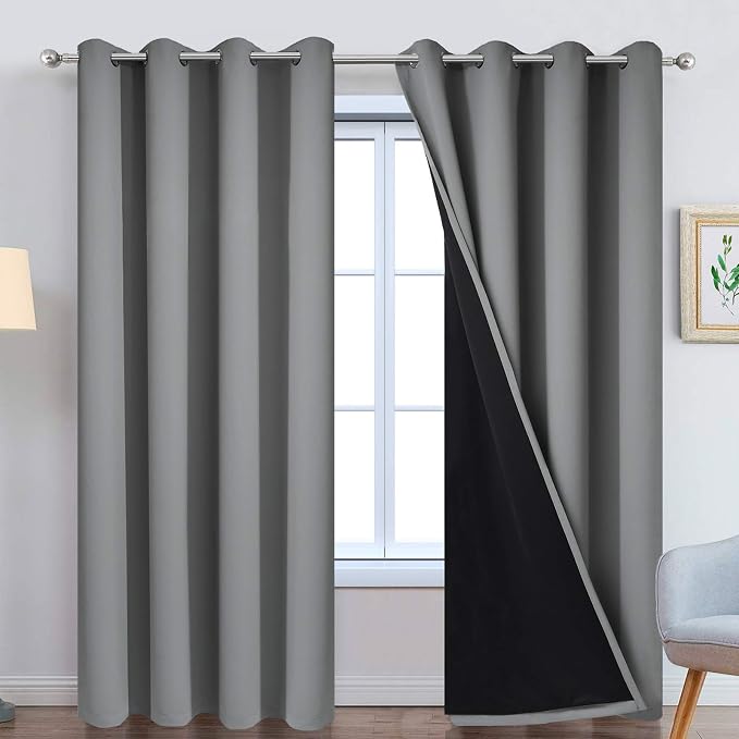 Yakamok Grey 100% Blackout Curtain Panels 84 inches, 52" Wide, 2 Panels | Blackout Curtain Panels for Bedroom, 2 Thick Layers Grommet Top Thermal Insulated Drapes with Black Liner for Living Room