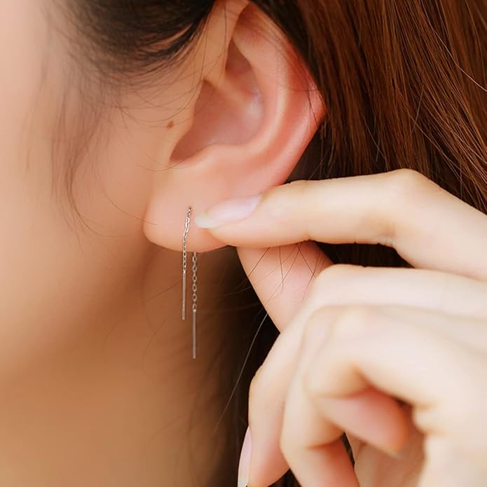 2 Pairs S925 Sterling Silver Chain Threader Earrings For Women Bar Wrap Threader Dangle Drop Earrings Lightweight Minimalist Hypoallergenic Earrings Anniversary Jewelry