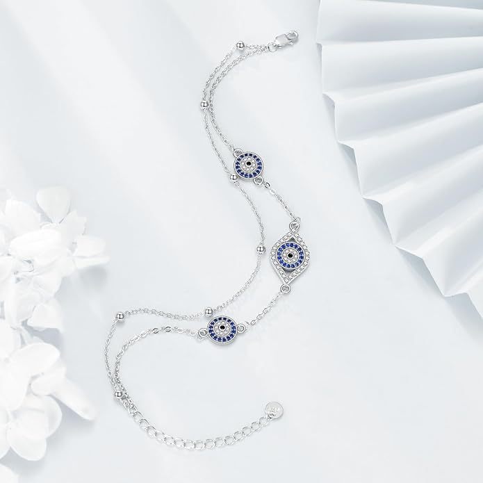 S925 Sterling Silver Evil Eye Anklet for Women, Protection Charm Ankle Bracelet, Adjustable Chain Anklet, Gift for Her