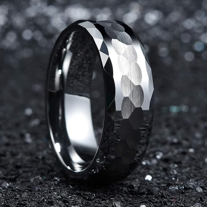 King Will Hammered 8mm Silver Tungsten Ring Hammer Men Wedding Band Comfort Fit