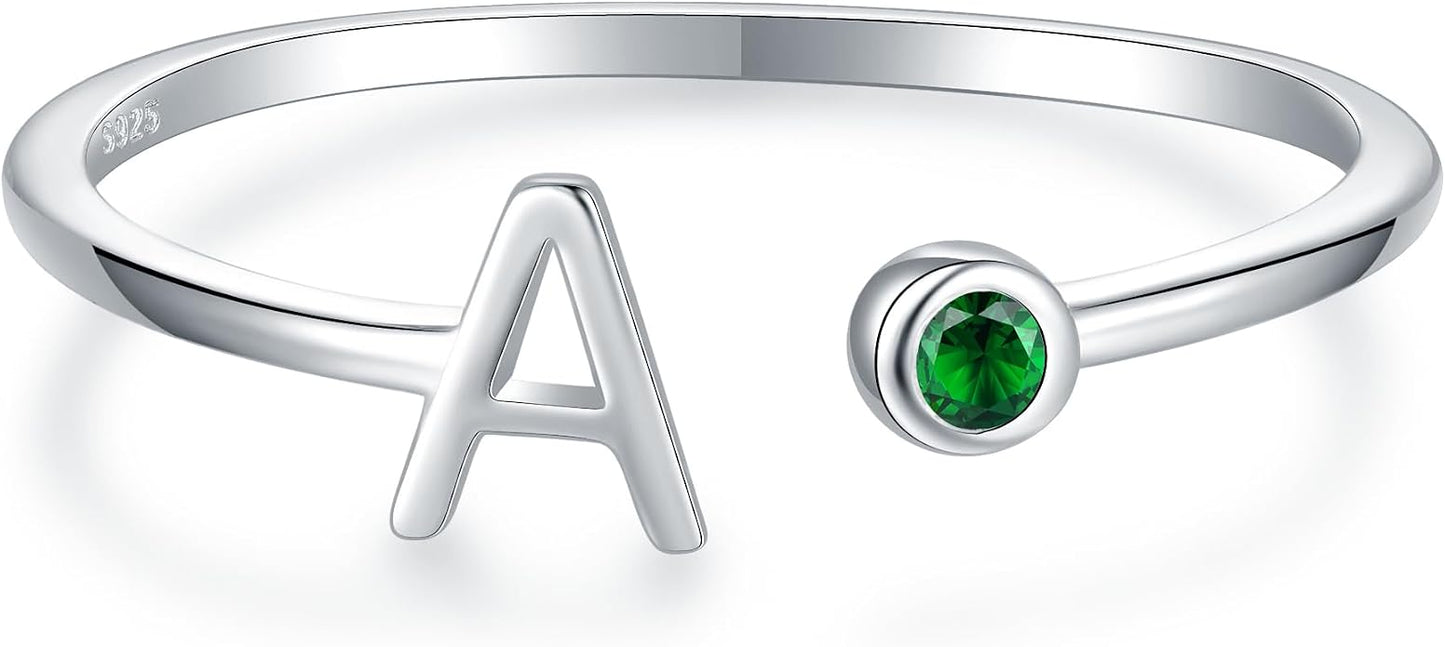 925 Sterling Silver Initial Letter Birthstone Rings for Women Adjustable 1-12 Month Birthstone Alphabet Stacking Ring for Teens Girls Stackable Birthstone Rings Birthday Jewelry Gift for Daughter Mom
