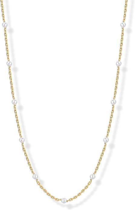 PAVOI 14K-18K Gold Plated Dainty Pearl Necklaces for Women - Station Beaded Choker Paperclip Chain Gold Pearl Necklace Bridal Jewelry