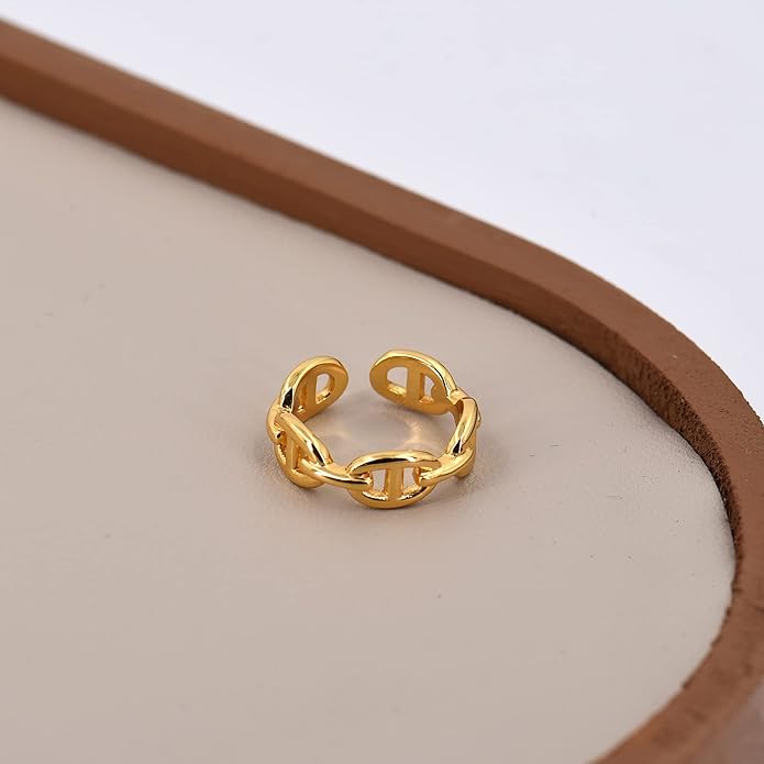 LEMON GRASS Gold Chain Link Ring | Chunky Curb-Link Open Ring | Stackable Thick Chain Simple Open Circle Band Adjustable