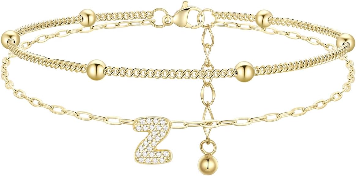 FindChic Silver/14K Gold Plated Layered CZ Initial Ankle Bracelet for Women | Waterproof Stainless Steel, Cubic Zirconia Letter Charm, Non-Tarnish, Hypoallergenic, Adjustable Extender, Summer Jewelry