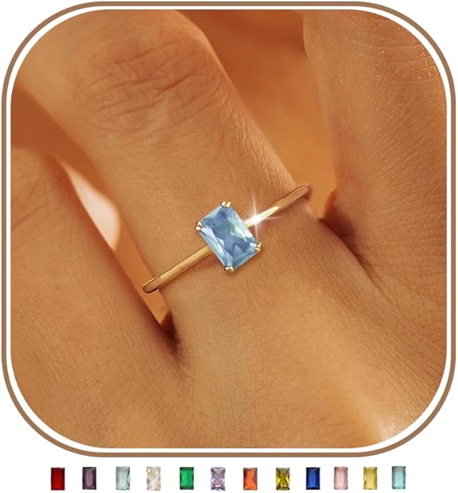 KAERUN Gold Birthstone Rings for Women Non Tarnish 14K Gold Plated Stackable CZ Thumb Eternity Rings Dainty Emerald Green Gemstone Engagement Ring for Mother Lover Birthday Jewelry Gifts Size 6-10