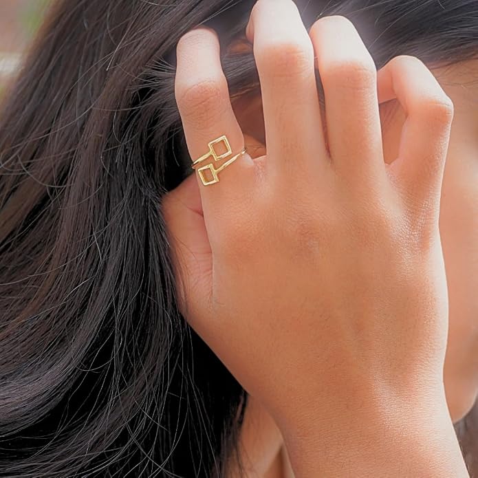 18k Gold Plated Simple Minimalist Square Adjustable Stackable Halo Ring Band for Women Valentines Day Gifts for Her Comes with a Gift Box