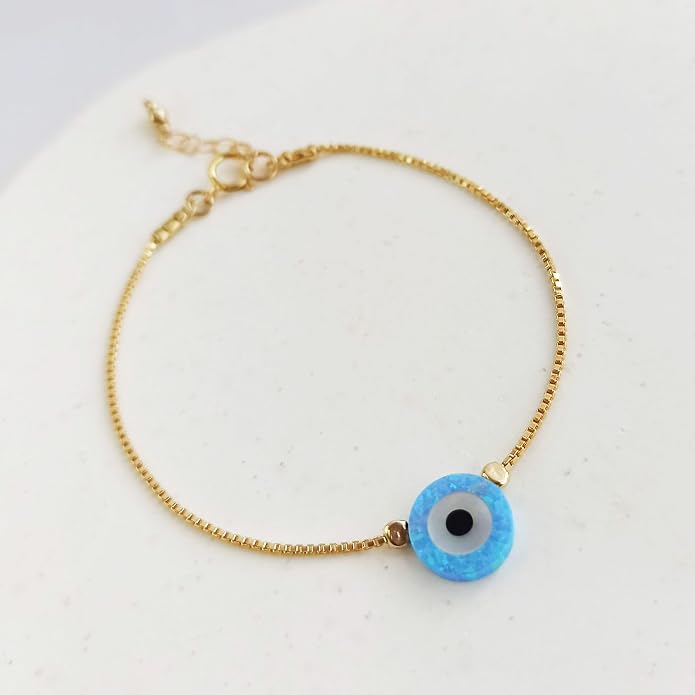 Minimalist Evil Eye Charm Bracelet – Handmade Delicate Good Luck Jewelry for Women – Adjustable 6.5” + 1” Extender