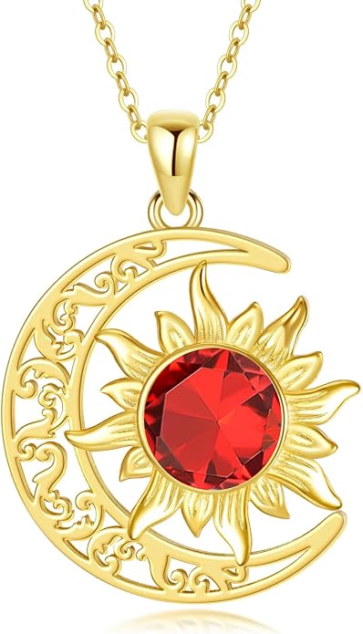 Crescent Moon Necklace for Women 18K Gold Plated Silver Moon and Sun Pendant with Gemstone Dainty Birthstone Jewelry Pendant Necklace for her