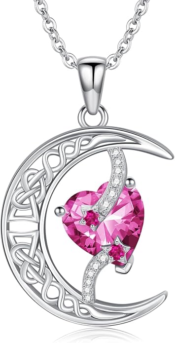 TOUPOP Moon and Star Birthstone Necklace for Women 925 Sterling Silver Celtic Moon Jewelry Birthday Mothers Day Gifts for Mom Wife Her