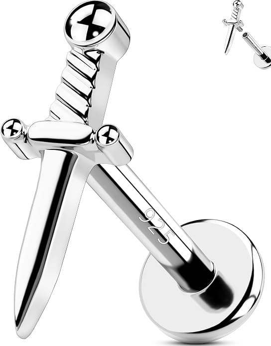 OUFER 925 Sterling Silver Helix Piercing Jewelry, Sword Cartilage Earrings Studs, 16G Flat Back Earrings for Women, Internally Threaded for Helix Conch Tragus Lip Piercing Jewelry