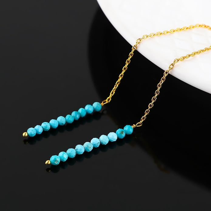 Natural Gemstone Threader Earrings for Women - Dainty 2mm Faceted Beads - Birthstone Crystal Drop Earrings - Silver Plated Healing Jewelry