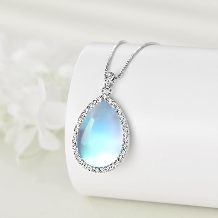 YAFEINI 925 Sterling Silver Moonstone Necklace Filigree Teardrop Pendant Necklace Jewelry for Women Girls