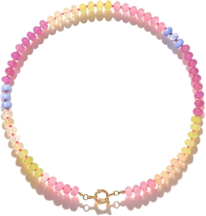 LALAPPLE Colorful Beaded Gemstone Necklace for Women, Boho Rainbow Bead Choker with Natural Stone Crystal Beads, Handmade Summer Beach Necklace Jewelry