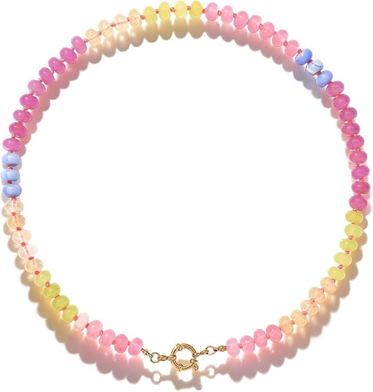 LALAPPLE Colorful Beaded Gemstone Necklace for Women, Boho Rainbow Bead Choker with Natural Stone Crystal Beads, Handmade Summer Beach Necklace Jewelry