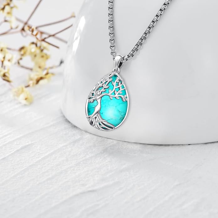 Turquoise/Amethyst/Moonstone/Black Onyx Tree of Life Necklace for Women Hummingbird Necklaces White Gold Plated Copper Jewelry