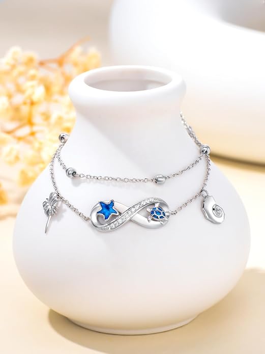 Ankle Bracelets for Women, 925 Sterling Silver Infinity/Heart/Pineapple/Butterfly/Turtle/Evil Eye/Sand Dollar Anklets Waterproof, Christmas Birthday Bracelet Anklets Jewelry Gift Adjustable