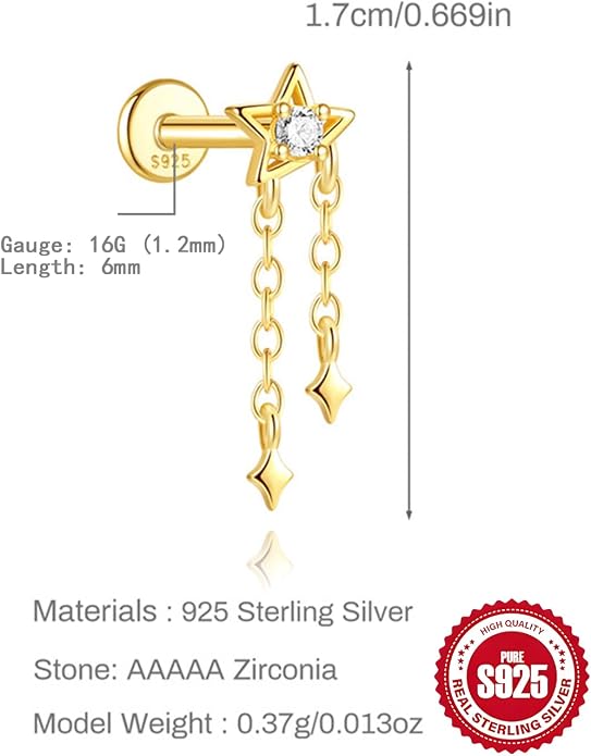 Solid 925 Sterling Silver Helix Earring with Dangle Chain 14K Gold Plated Flat Back Cartilage Stud Crescent Moon & Star CZ Internally Threaded Piercing Jewelry Ear Ring Gift