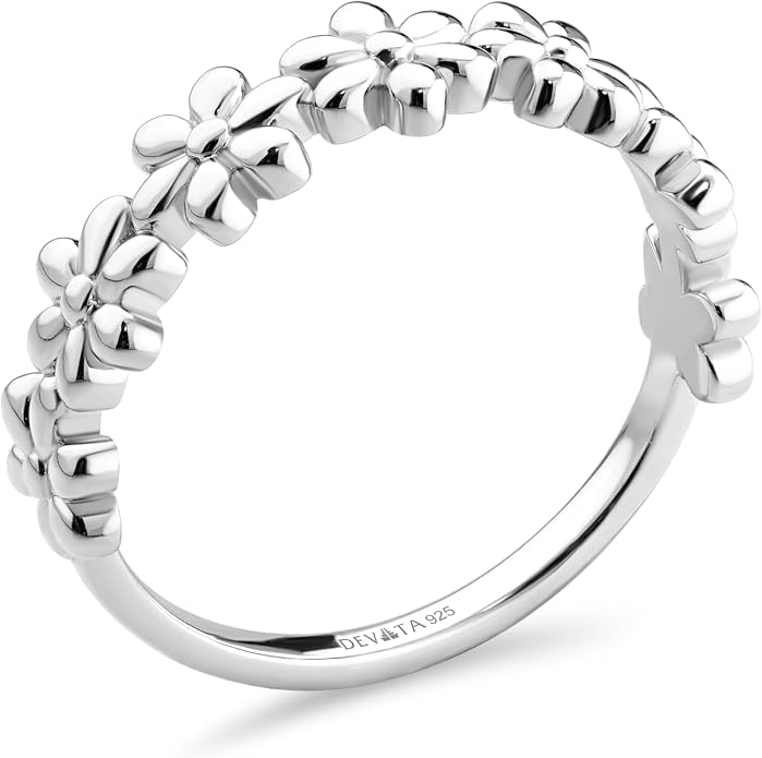 DEVATA Gold or Rhodium Plated Sterling Silver 925 – Eternity, Band Ring for Women – Heart, Knot, Clover, Infinity, Mariner, Cable, Curb, Cuban, Figaro, Daisy, Rope, Ribbed, Dome