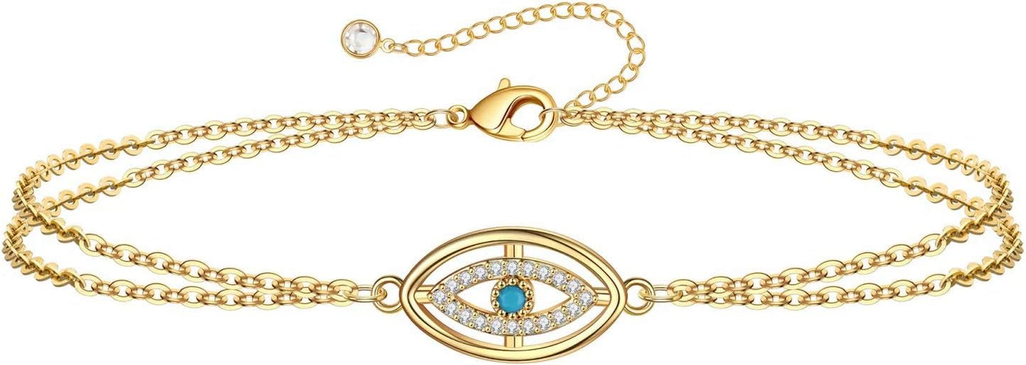 Dainty Gold Bracelets for Women, 14K Gold Plated Adjustable Layered Beads Bracelet Cute Evil Eye Oval Chain Pearl Bar Turtle Gold Bracelets for Women Jewelry