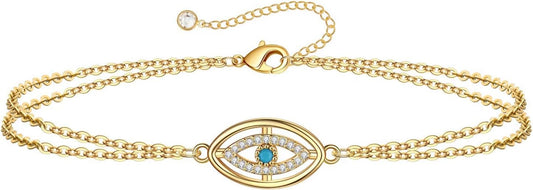 Dainty Gold Bracelets for Women, 14K Gold Plated Adjustable Layered Beads Bracelet Cute Evil Eye Oval Chain Pearl Bar Turtle Gold Bracelets for Women Jewelry