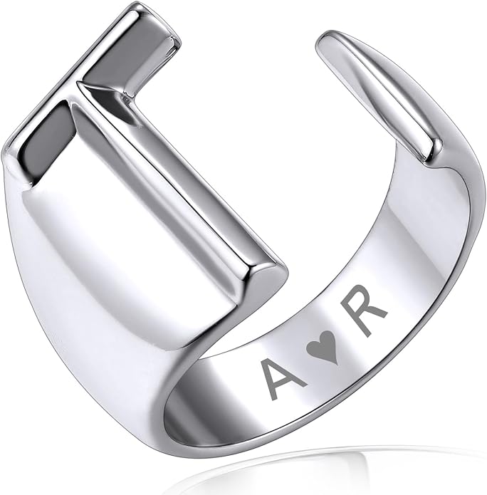 KeyStyle Bold Initial Letter Rings Adjustable, GoldChic Jewelry Women Gold Statement Ring Personalized Engraved Women’s Open Signet Ring for Party (Gold, White Gold, Black)