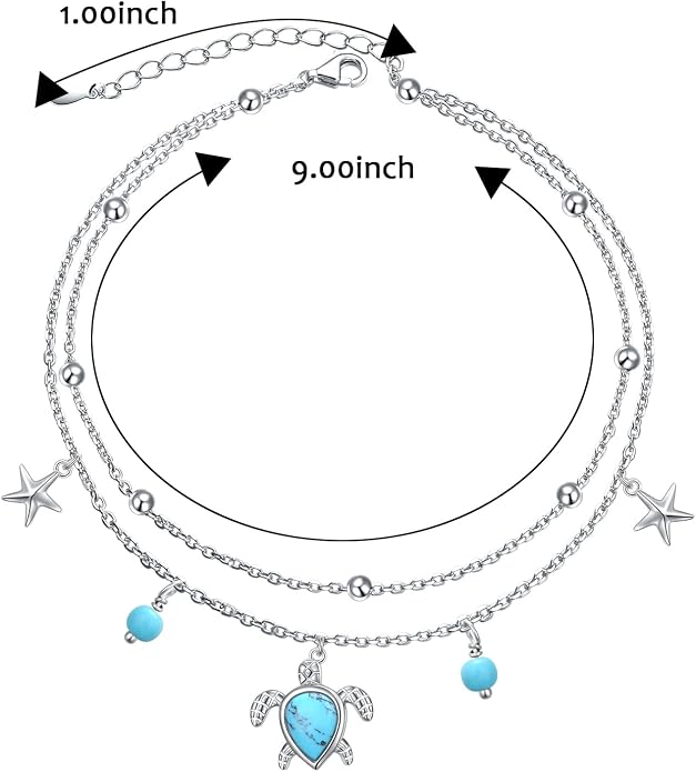 Ladytree S925 Sterling Silver Boho Beach Double Layer Anklets Bracelet for Women Adjustable 9 to 11 inches