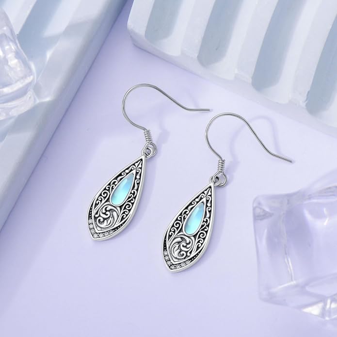 PROESS Moonstone Turquoise Malachite Dangle/Hoop Earrings 925 Sterling Silver Infinity/Wave/Celtic Knot/Clover Filigree Teardrop Earrings Jewelry Presents for Women