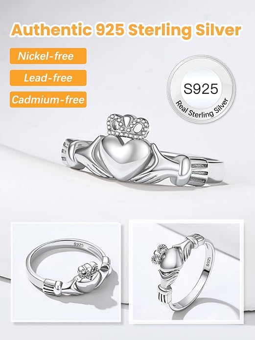 Bestyle 925 Sterling Silver Ring for Women, Minimalist Claddagh Ring Celtic Knot Ring for Women, Irish Promise Wedding Band, Gold/Rose Gold Vermeil Women Band Ring, Stackable, Gift for Her