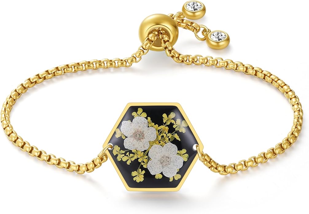AUNTESIGN Forget-Me-Not Pressed Wildflower Bracelet | Pressed Flower Bracelet | Gold/Silver Pressed Flower Jewelry | Personalized Handmade Jewelry | Gift For Women