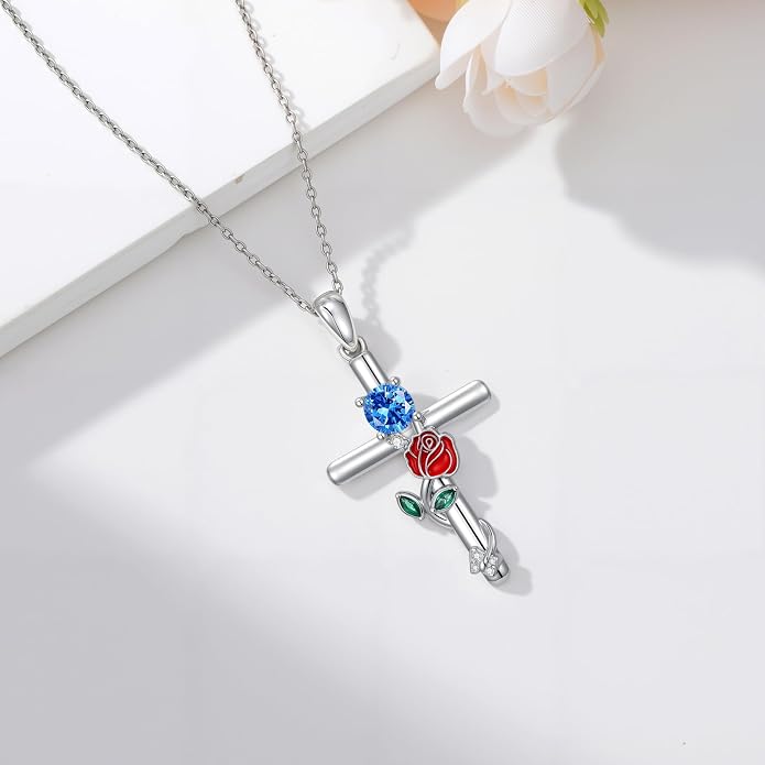 Birthstone Cross Necklace 925 Sterling Silver Rose with Butterfly Birthstone Cross Pendant Necklace Jewelry Gifts for Women Birthday Christmas