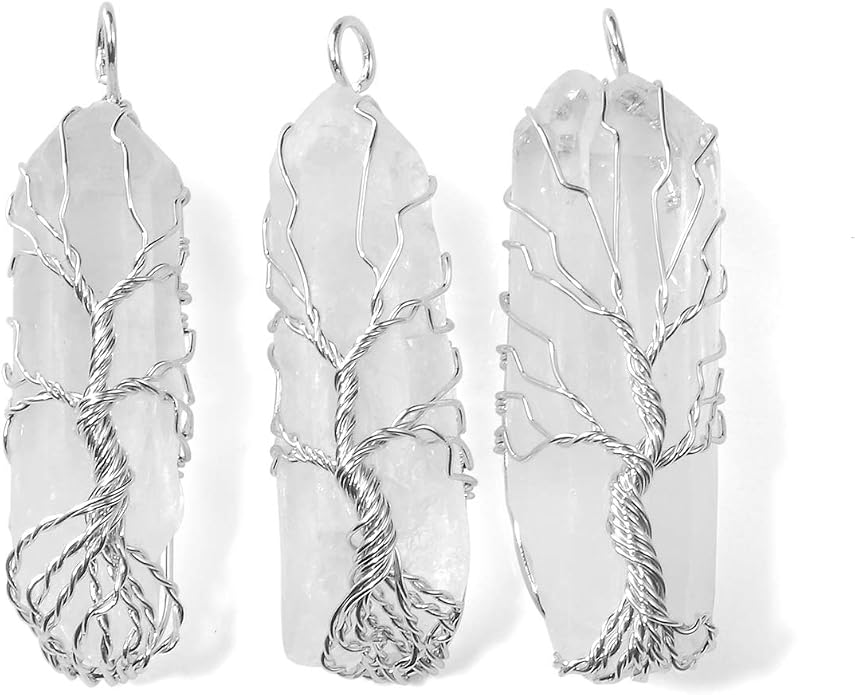 Top Plaza Natural Raw Stone Healing Crystal Necklace Silver Life Tree Wire Wrapped Clear Quartz Point Pendant For Womens Ladies