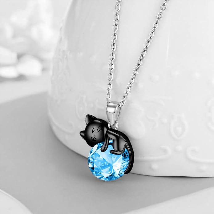Cat Necklace Sterling Silver Cat Zircon Pendant Gothic Jewelry for Women Animal Lovers Gifts