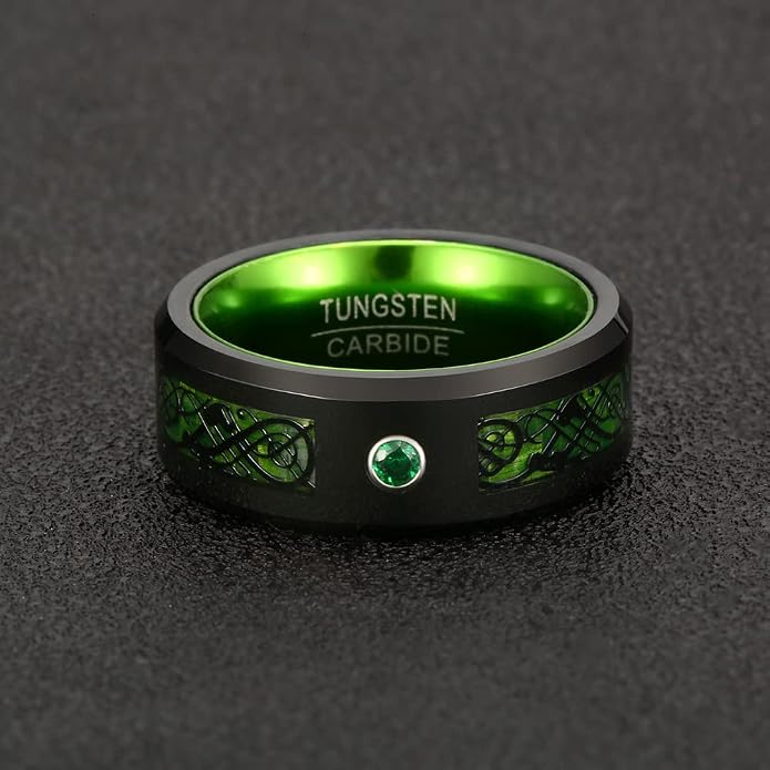 TUNGSTORY 8mm Black Celtic Dragon Tungsten Carbide Wedding Ring with Green Carbon Fiber and CZ Inlay Polished Finish Beveled Edge Size 6-16