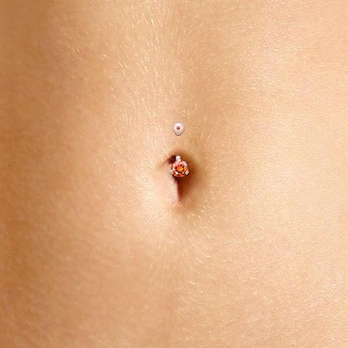 AFFY Internally Threaded Belly Button Navel Ring for Women, Three-Prong Round Simulated Birthstone in 14K Gold Over 925 Sterling Silver, Body Piercing Jewelry Gift
