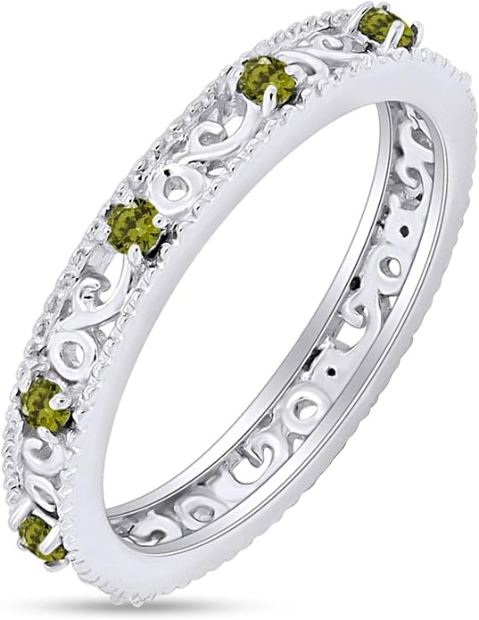 Jewel Zone US Filigree Eternity Wedding Band Ring for Women, Round Cut Simulated Gemstone Stackable Promise Ring in 14K Gold Plated 925 Sterling Silver Band Width 3.5mm – Elegant Jewelry for Her