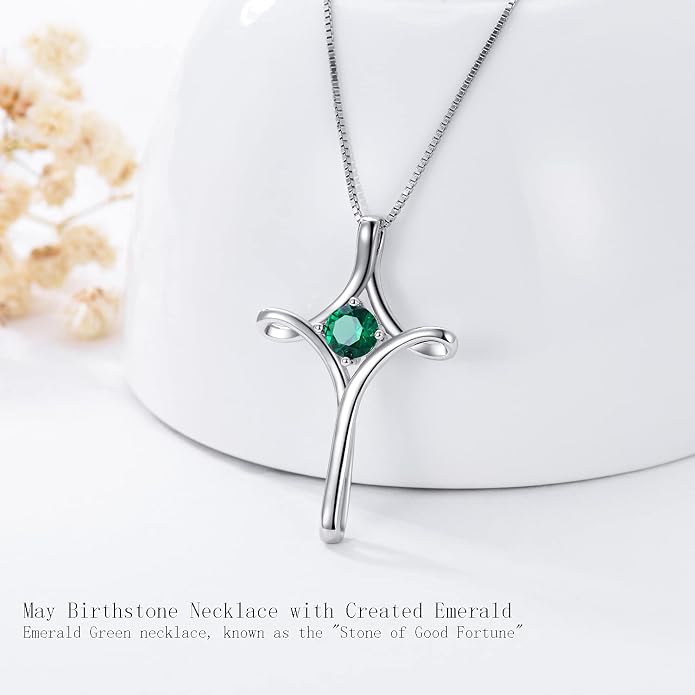 TOUPOP Cross Necklace for Women 925 Sterling Silver Birthstone Cross Pendant Fine Jewelry Anniversary Birthday Mothers Day Gifts for Mom Wife Her