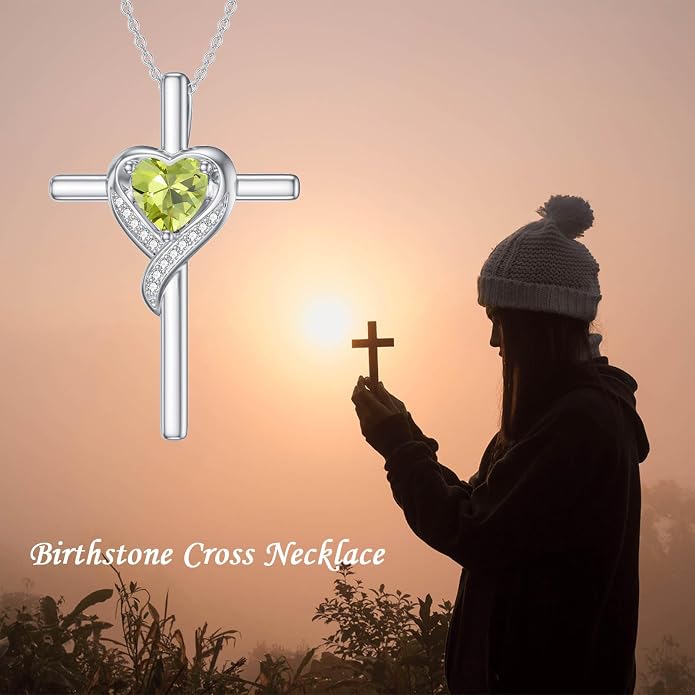 TOUPOP Birthstone Cross Necklace for Women 925 Sterling Silver Heart Cross Pendant Necklace Mothers Day Birthday Jewelry Gifts for Mom Wife Her