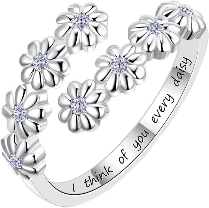 Dainty Daisy Ring for Women, S925 Sterling Silver Cubic Zirconia Sunflower Flower Ring For Daughter, I Think Of You Every Daisy Ring, Birthstone Flower Ring