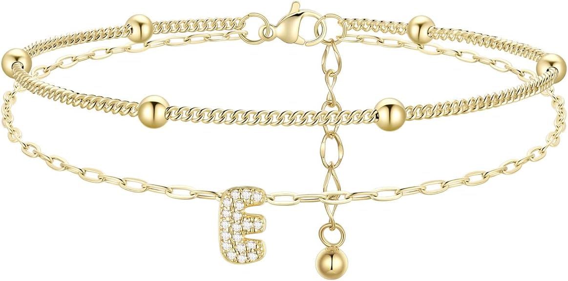 FindChic Silver/14K Gold Plated Layered CZ Initial Ankle Bracelet for Women | Waterproof Stainless Steel, Cubic Zirconia Letter Charm, Non-Tarnish, Hypoallergenic, Adjustable Extender, Summer Jewelry