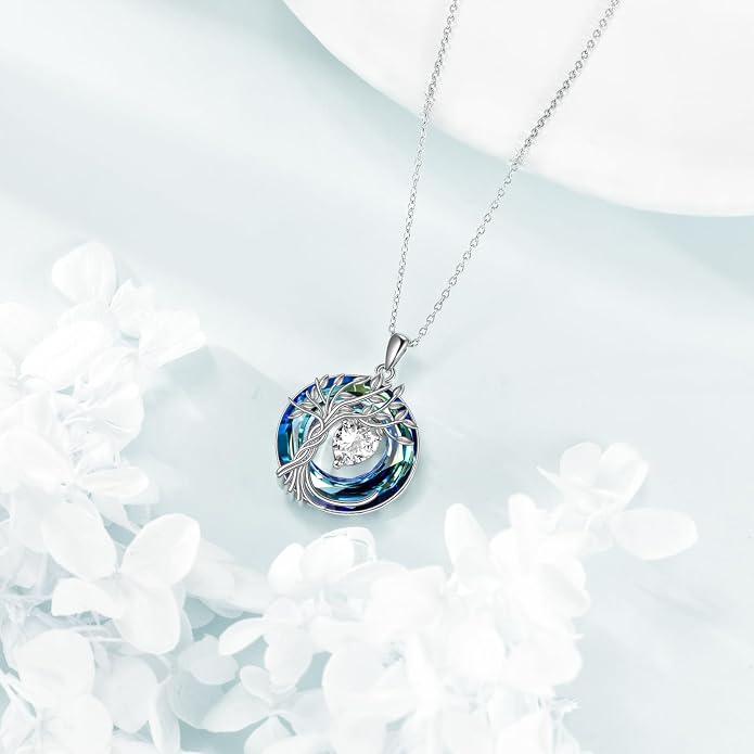 POPLYKE Mothers Day Gifts for Mom Her Wife Tree of Life Necklace 925 Sterling Silver Birthstone Pendant with Crystal Anniversary Birthday Wedding Jewelry for Women