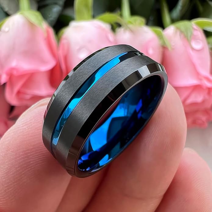 TUTISS 6mm 8mm Silver/Black/Blue/Gunmetal/Gold/Rose Gold Tungsten Rings for Men Women Fashion Engagement Wedding Bands Matte Finish Beveled Edges Comfort Fit