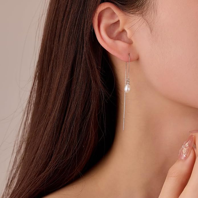 JaruJaru Vermeil Chain Freshwater Pearl Earrings for Women, Gold Threader Earrings, Gold plated on S925 Sterling Silver, Hypoallergenic Thread Through Dangle Earrings