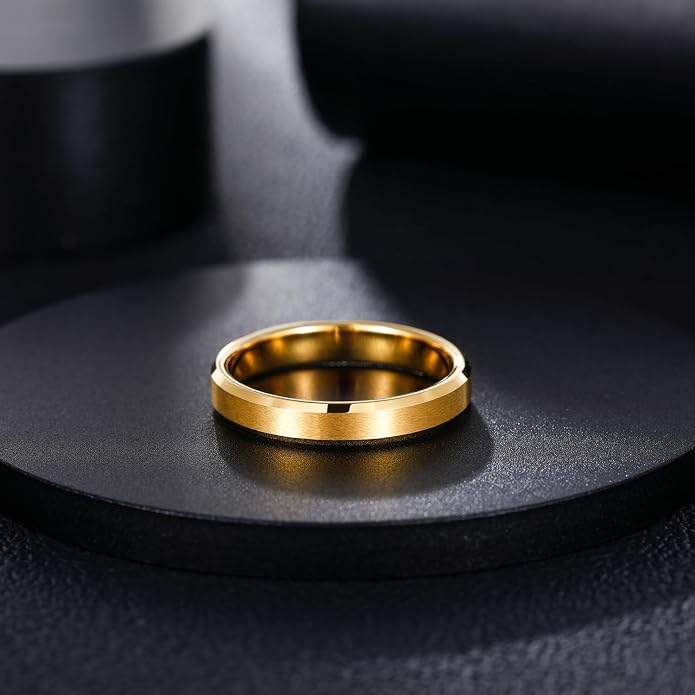 Greenpod 4mm 6mm Tungsten Carbide Ring for Men Women Beveled Edge Brushed Silver/Black/24K Gold Plated Wedding Band Comfort Fit Size 4-13