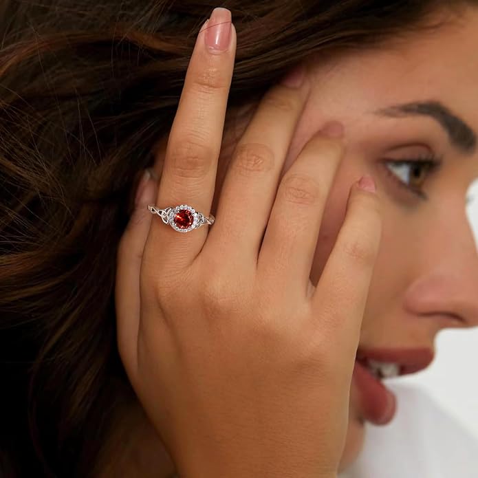 DAYBYDAY Celtic Birthstone Rings for Women 925 Sterling Silver Heart/Round/Pear/Oval Created Gemstone Moissanite Halo Engagement Promise Rings for Her Wife Birthday Anniversary Wedding Jewelry