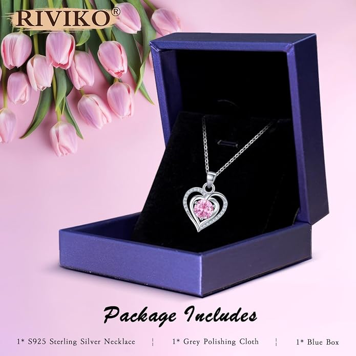 RIVIKO Heart Birthstone Pendant Necklace for Women 925 Sterling Silver Zirconia Necklaces Valentine's Day Anniversary Birthday Mothers Day Jewelry Gifts For Her Mother Wife
